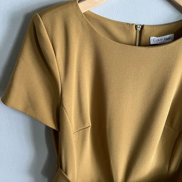 Calvin Klein Camel Sheath Dress Size 8 Belted Neutral Classic Workwear - Picture 3 of 9